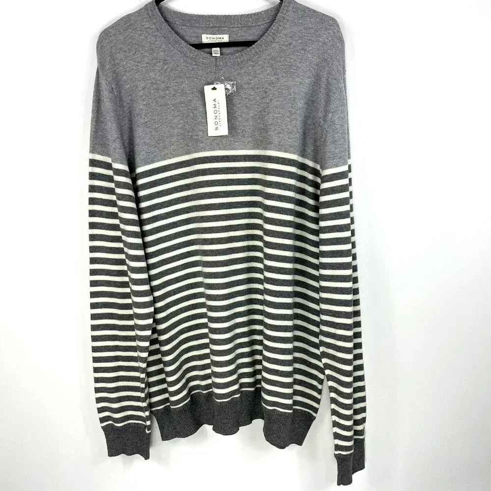 NEW Sonoma Mens Sweater Size XXL 2X Gray Pullover Crewneck Striped Long Sleeve